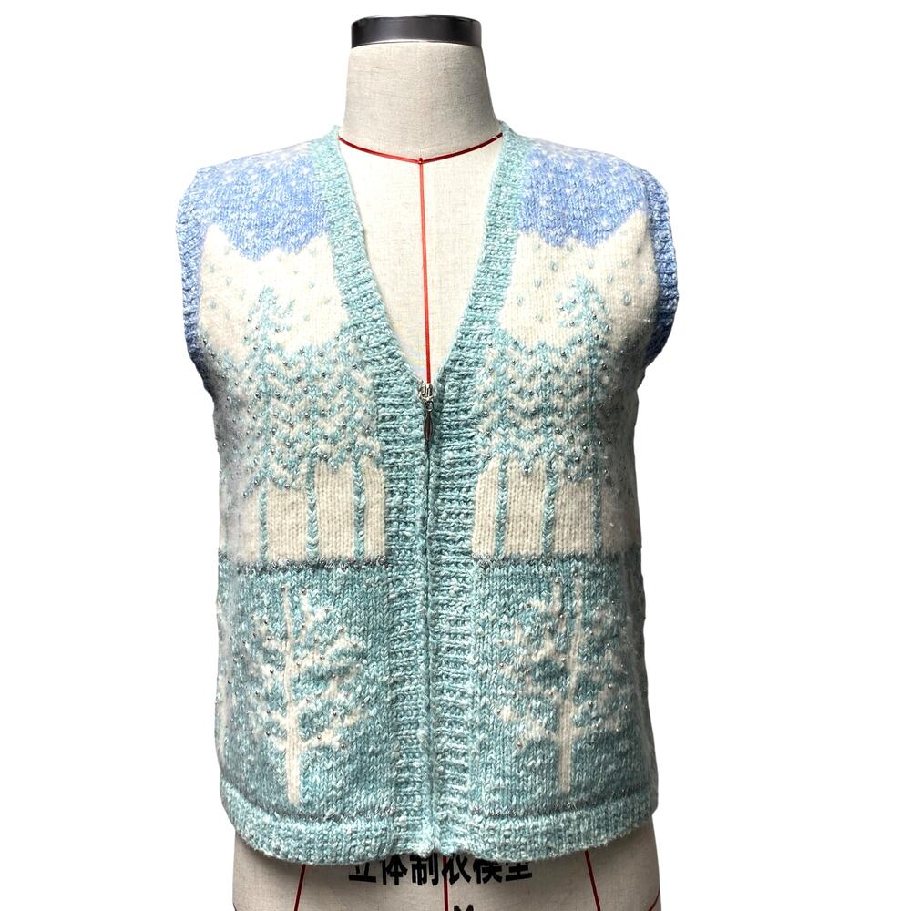 Vintage Marisa Christina Womens Size PS Pastel Knit Tree Print Knit Zip Up Vest